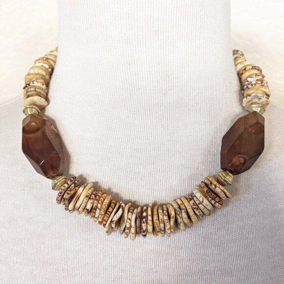 Southwestern Brown & Beige Neutral Tone Chunky Agate Statement Necklace